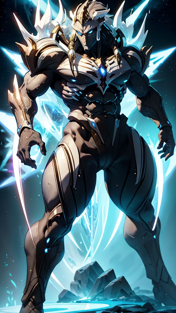 Humanoid kaiju with long spiky hair Muscular Man Male Straight white energy 