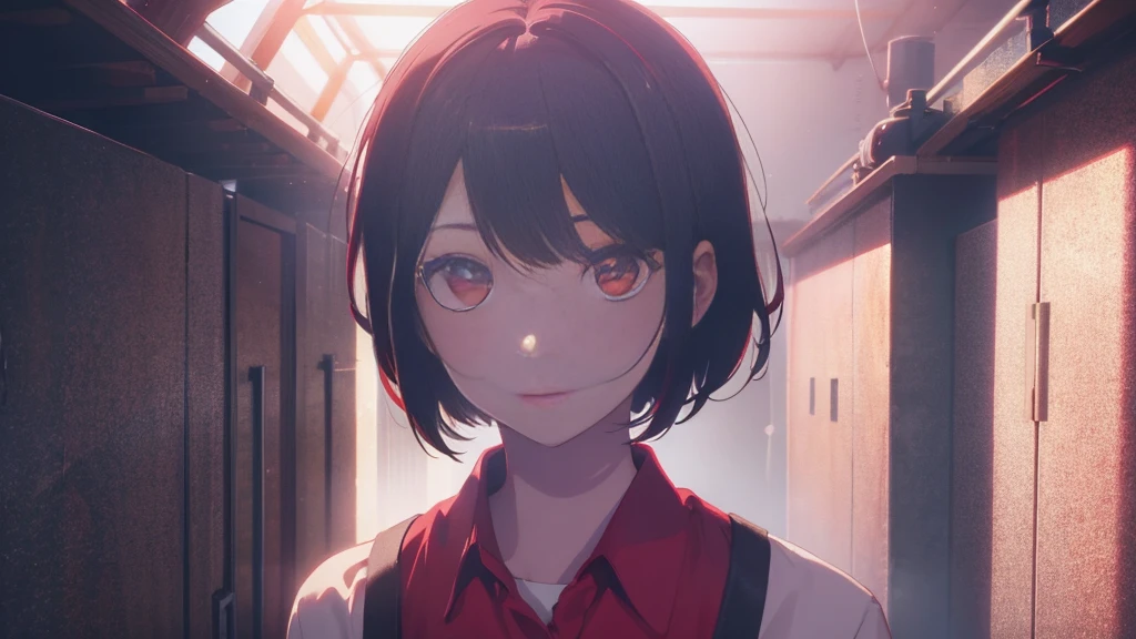 girl with short bob hair,Red eyes ,A shining heaven,Walking in heaven