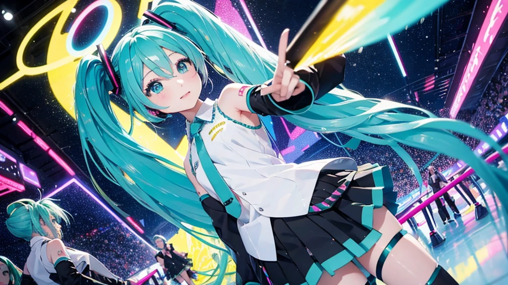 Please upscale Hatsune Miku。This painting depicts an active and colorful dance scene featuring Hatsune Miku.。Colorful neon lights are shining all around.。