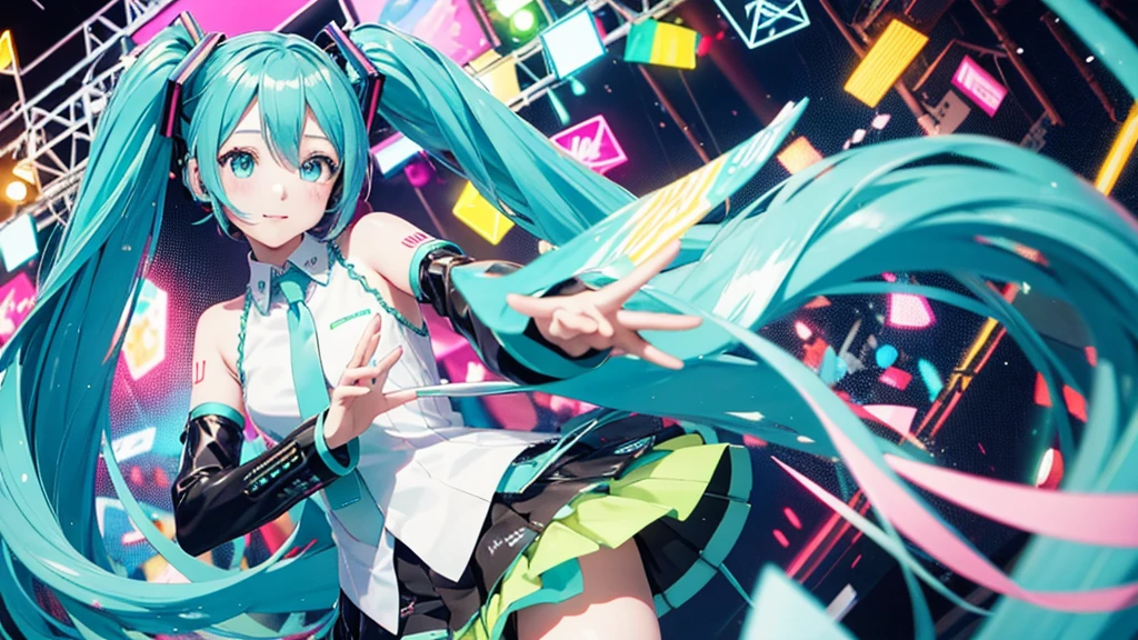 Please upscale Hatsune Miku。This painting depicts an active and colorful dance party scene featuring Hatsune Miku.。Colorful neon lights are shining all around.。