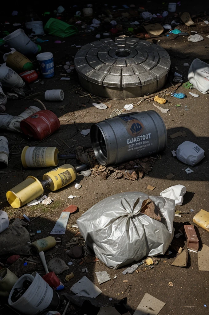 A spotlight shines on a pile of trash.