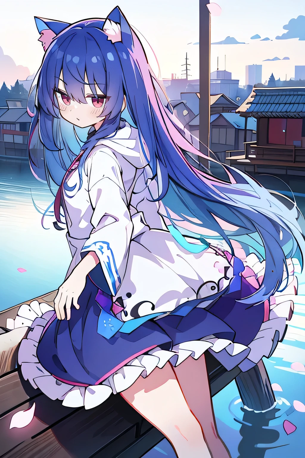 (masterpiece:1.2),Super detailed,lifelike,Expressive eyes,fair skin,perfect face shape,1 girl,
Japanese comics,Gorgeous blue hair,flowing blue hair,flowing clothes,Cat ears,Petals fall,beautiful lola,Baby Angel,
Shaking head with one hand,Cross your legs,Gentle and peaceful background,The pavilion is cool and comfortable,smile, wearing hoodie, background of tokyo,back views,snowing, winter,lie on the water.