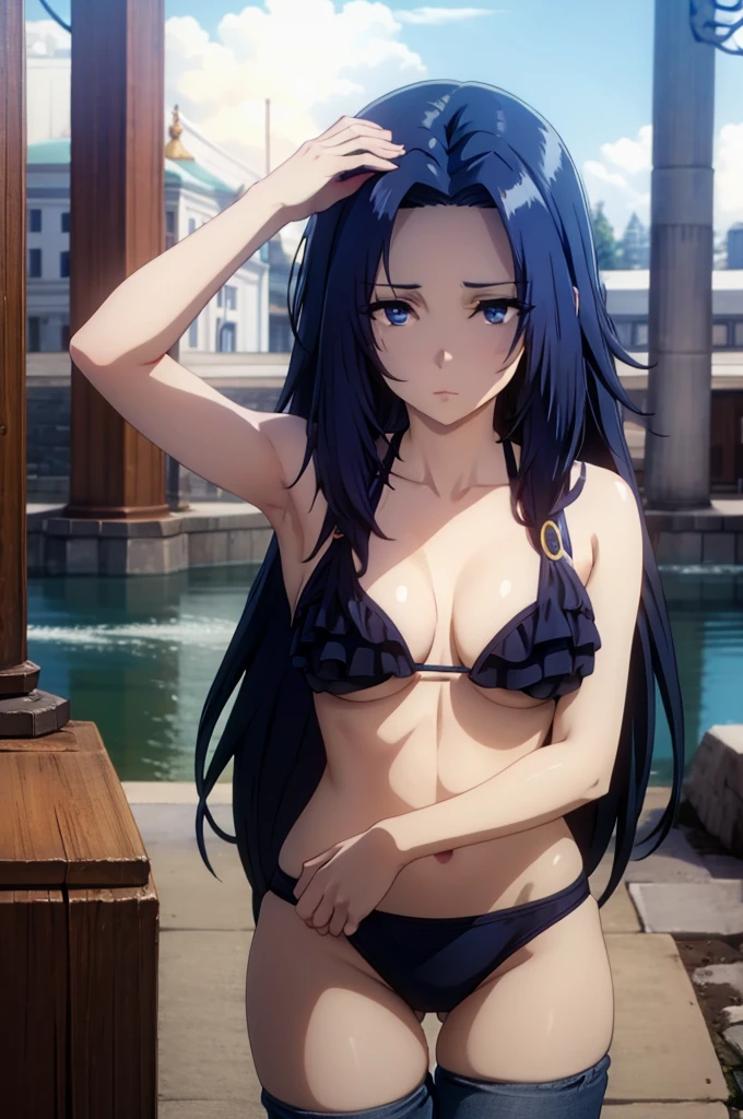 (blue eyes,blue hair),A beautiful girl playing at the river, (hyperrealistic), (illustration), (high resolution), (8K), (extremely detailed), (best illustration), (best quality), (ultra-detailed), (masterpiece), (wallpaper), (photorealistic), (natural light), (beautiful detailed eyes), (detailed beautiful face), (high detailed realistic skin texture), (anatomically correct), (solo:1.32), (1girl:1.31), (high detailed realistic hair), (detailed eyes), (sparkling eyes), (realistic big breasts), (slender abs), (dynamic pose), (closed tiny mouth), (concentrated expression), (upon body from head to thigh), (dimple), (beautiful cute Russian woman face:1.3), (beautiful cute Pakistani woman face:1.3), red swimsuit, short jeans