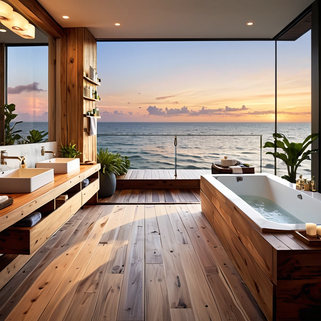 Create an elegant and serene bathroom that offers a stunning view of the ocean. The bathroom should feature large floor-to-ceiling windows that open up to a deck facing the sea. Include a glass-enclosed shower with a modern design, a long wooden vanity with dual sinks, and sleek, contemporary fixtures. Use warm recessed lighting to highlight the wooden elements and create a cozy ambiance. Place a freestanding bathtub on the deck, perfect for enjoying a sunset over the ocean. Add potted plants and minimalist decor to enhance the peaceful and luxurious atmosphere.