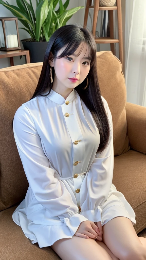  1 Girl, 30 years old，Chinese Face，Super white skin，Full chest, plump, slightly fat，High collar dress，Sitting on the sofa，Long hair