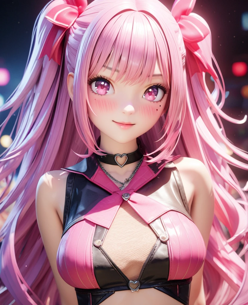 masterpiece,highest quality, Very detailed, High resolution, expensive resolution, High resolution, 4K, 8k, unity 8k wallpaper, Very detailed CG, masterpiece, 2D, 3D, Beautiful details, depth, Fine texture , highest quality: 1.3, Fully focused, Crispy.skin, .he,
Very cute anime girl 、idol, bikini、Large Breasts、Pink medium-long hair wearing expensive , Mole under the eye, looking at the viewer , expensive , blush, Mole, Lips parted, Pink Eyes, Heart-shaped choker smile
