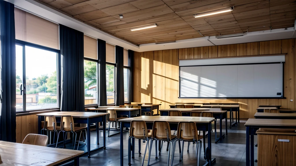 Classroom, multiple desks and Charis, spacious, chalkboard, blackboard at front of the class, teachers desk at the front of room, light wood colors, golden, no people, empty classroom