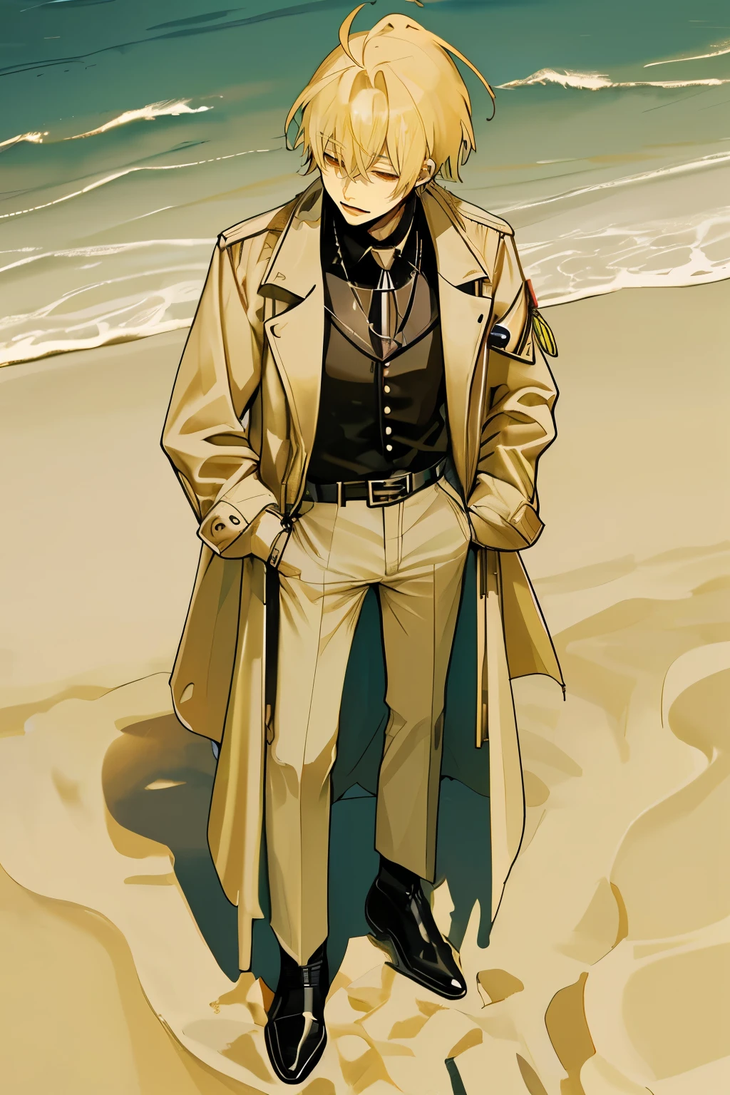 One man standing、From above at an angle、Put your hands in your pants pockets、The sand-colored long coat flutters、Best、shirt、Bolo tie