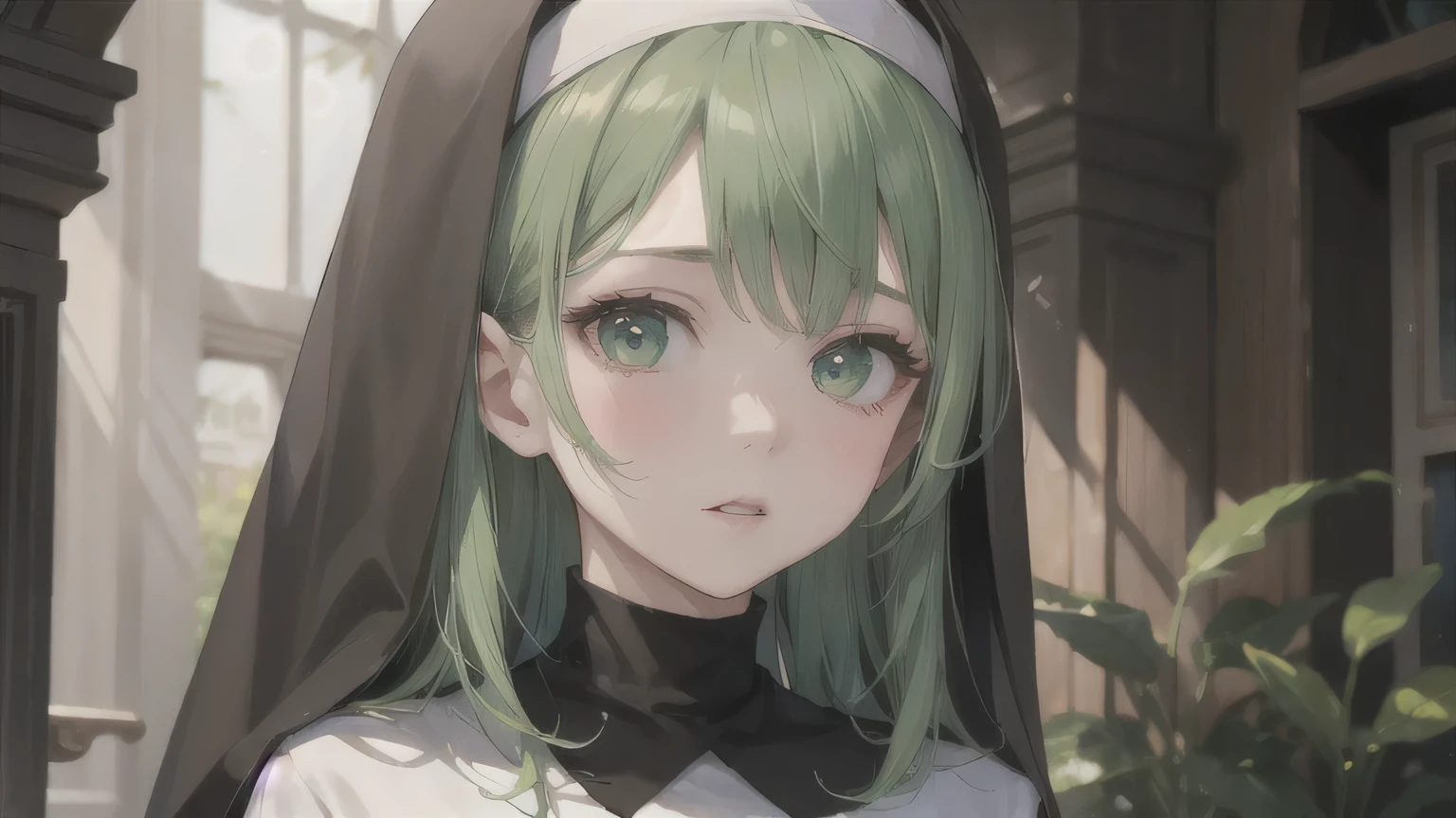One Girl,20-year-old,Beautiful Face,Upper Body,Wavy Hair, Green Hair,Parted bangs、 Sharp focus,Nun's clothing、A shy smile、Gentle eyes、Droopy eyes、Green Eyes