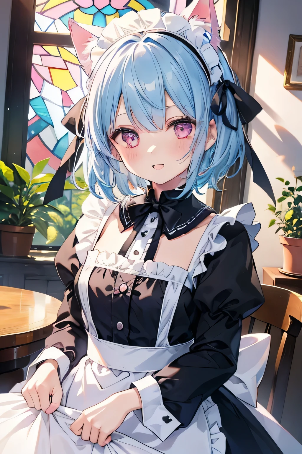 One girl, alone, View your viewers, blush, smile, short hair, Open your mouth, bangs, hair ornaments, ribbon, Animal ears, Blue Hair, hair ribbon, Frills, Removable sleeves, Cat ear, Pink Eyes, apron, black dress, Maid headdress, black ribbon, pink ribbon, Association Indoor、Beautiful stained glass details