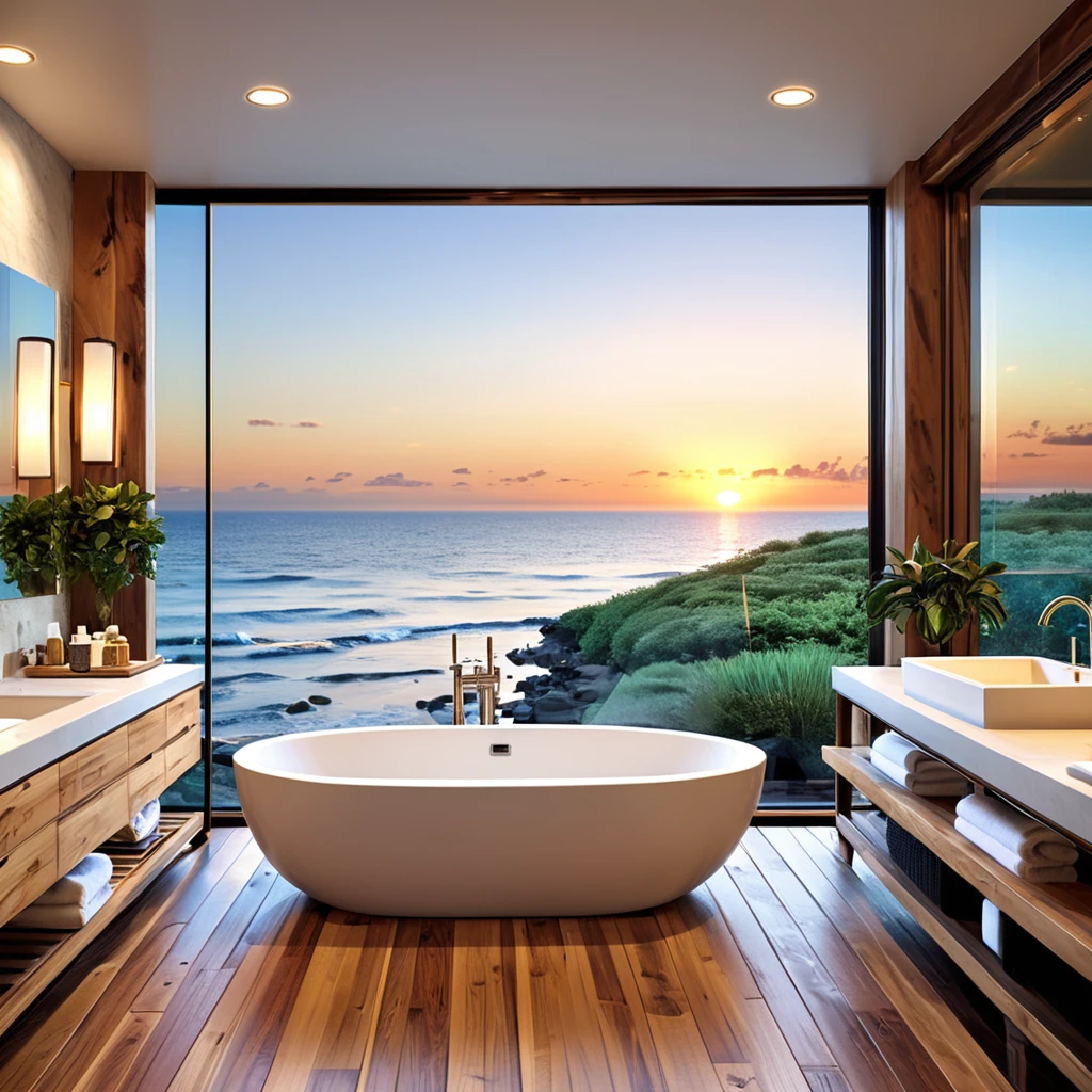 Design an opulent and relaxing bathroom with a panoramic ocean view. The space should include expansive floor-to-ceiling windows that lead to a deck with a sea view. Features should include a large glass-enclosed shower, a wooden vanity with dual sinks, and modern fixtures. Use recessed lighting to create a warm, inviting atmosphere that complements the natural wood elements. Position a freestanding bathtub on the deck for a perfect sunset bath. Add a few potted plants and minimalist decor to complete the sophisticated and tranquil design.