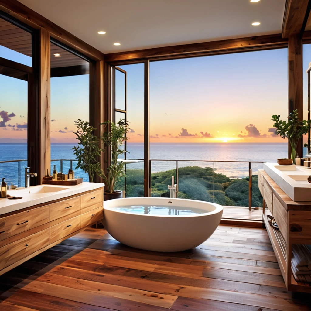 Design an opulent and relaxing bathroom with a panoramic ocean view. The space should include expansive floor-to-ceiling windows that lead to a deck with a sea view. Features should include a large glass-enclosed shower, a wooden vanity with dual sinks, and modern fixtures. Use recessed lighting to create a warm, inviting atmosphere that complements the natural wood elements. Position a freestanding bathtub on the deck for a perfect sunset bath. Add a few potted plants and minimalist decor to complete the sophisticated and tranquil design.