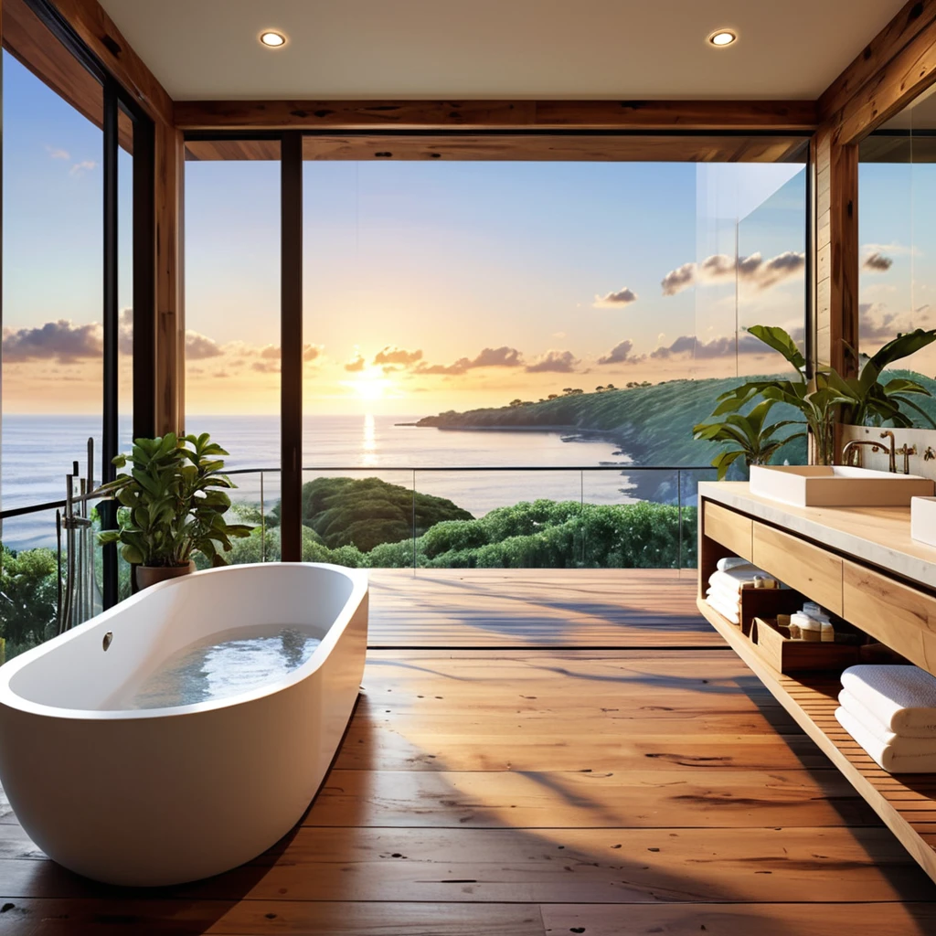 Design an opulent and relaxing bathroom with a panoramic ocean view. The space should include expansive floor-to-ceiling windows that lead to a deck with a sea view. Features should include a large glass-enclosed shower, a wooden vanity with dual sinks, and modern fixtures. Use recessed lighting to create a warm, inviting atmosphere that complements the natural wood elements. Position a freestanding bathtub on the deck for a perfect sunset bath. Add a few potted plants and minimalist decor to complete the sophisticated and tranquil design.