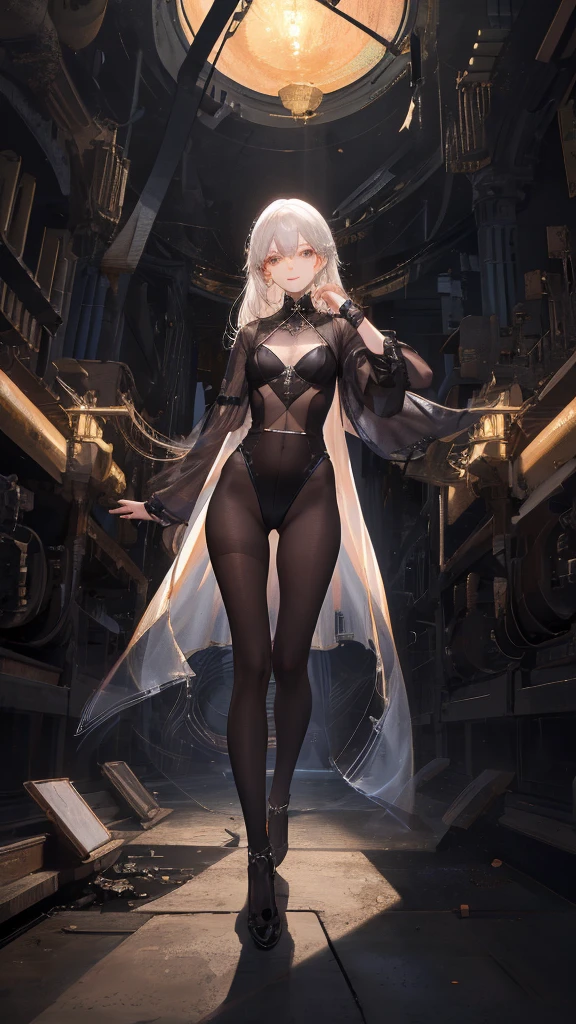 masterpiece, Highest quality, Observe the audience, length Hair, Fresh, (Wavy Hair:0.7),
White Theme, ((((Gray ruins,)))),Human whole body,See-through leotard,Front view,Golden Eyes,Bright Eyes,length, Pure white straight hair,Small breasts、A light smile,(Full Shot),Ultra-high resolution,Accurate,Very detailed,Awards,Attention to detail,Highest quality,8K、High Leg、mysterious、Quiet abandoned cityscape、mechanical