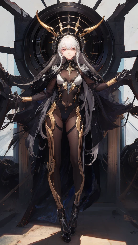World of Warcraft demon hunter black latex tentacles on body, fire eyes long horns (white hair) cute face sexy full body sexy pose long high heels (Venom style)