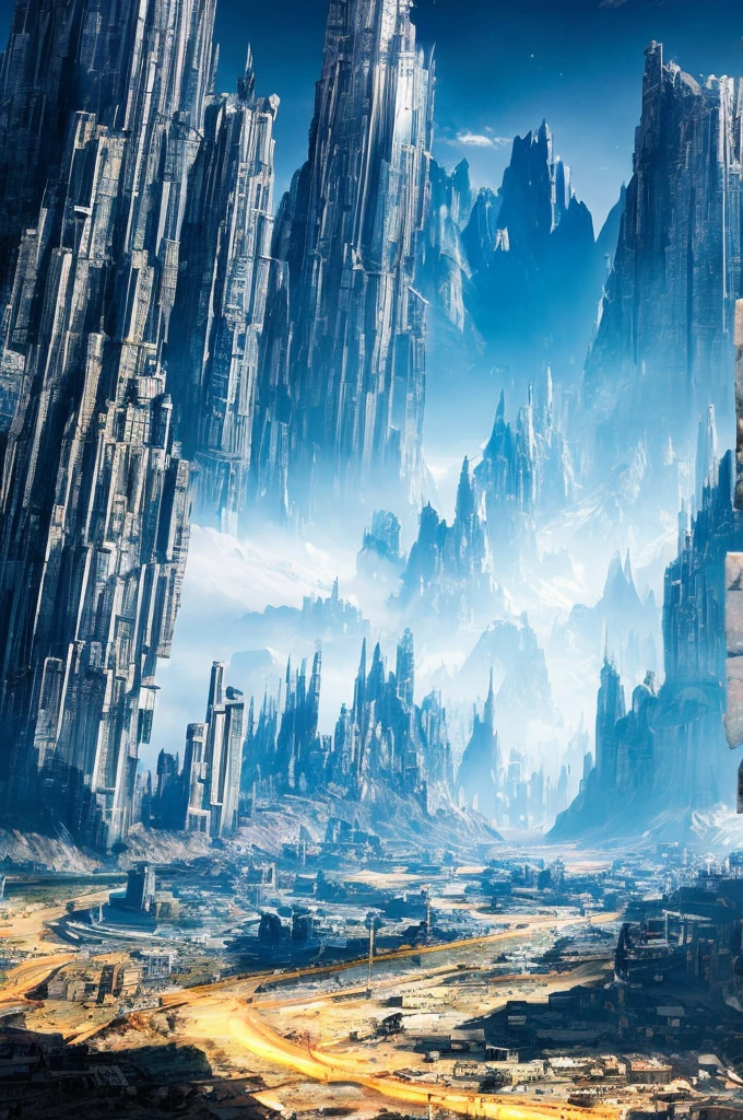 Skyscrapers line the mountain，100 times the height of the building，Huge glacial mountain，Tall skyscrapers，Different world，ＳＦ，cyber punk，Best Quality，8K，Future City，Masterpiece，Dream world，夢のFuture City，romantic，perfection，A world beyond imagination，Utopia，Great Heaven