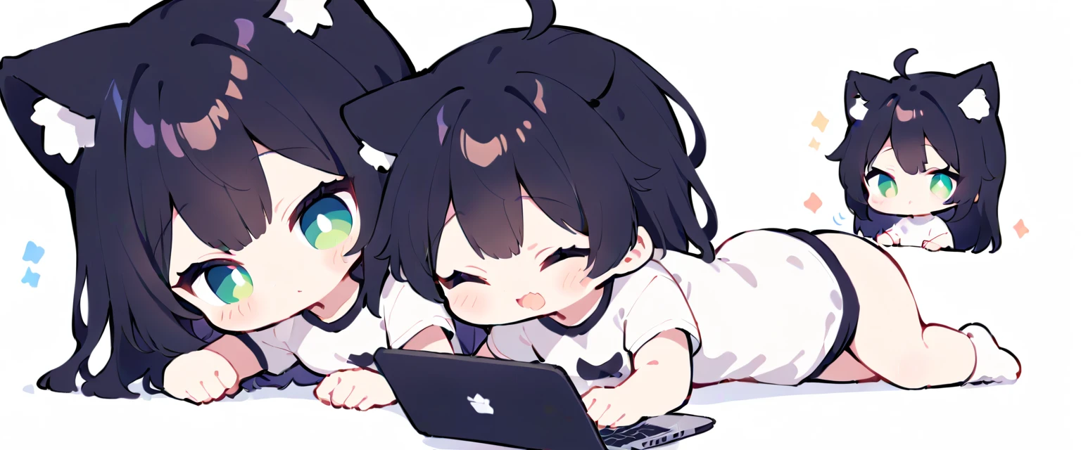 He is lying on the white floor and operating a laptop with a blank look on his face.、She was wearing a plain white long T-shirt and had straight black hair down to her waist.、A girl with cat ears who is black on the outside and white on the inside、One person、An illustration