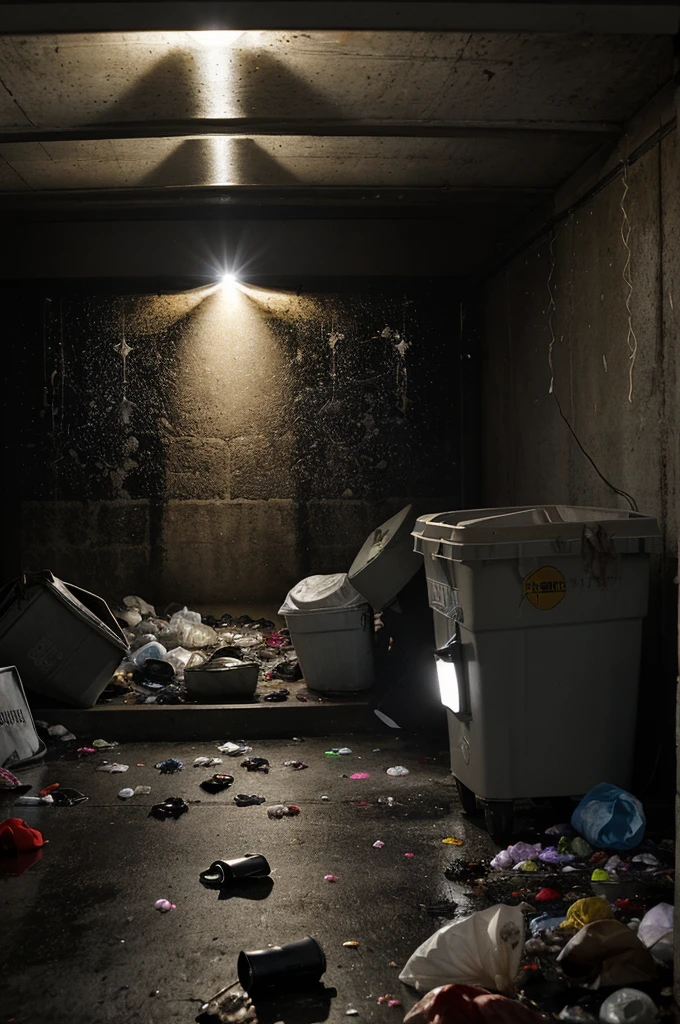 A spotlight shines on a garbage