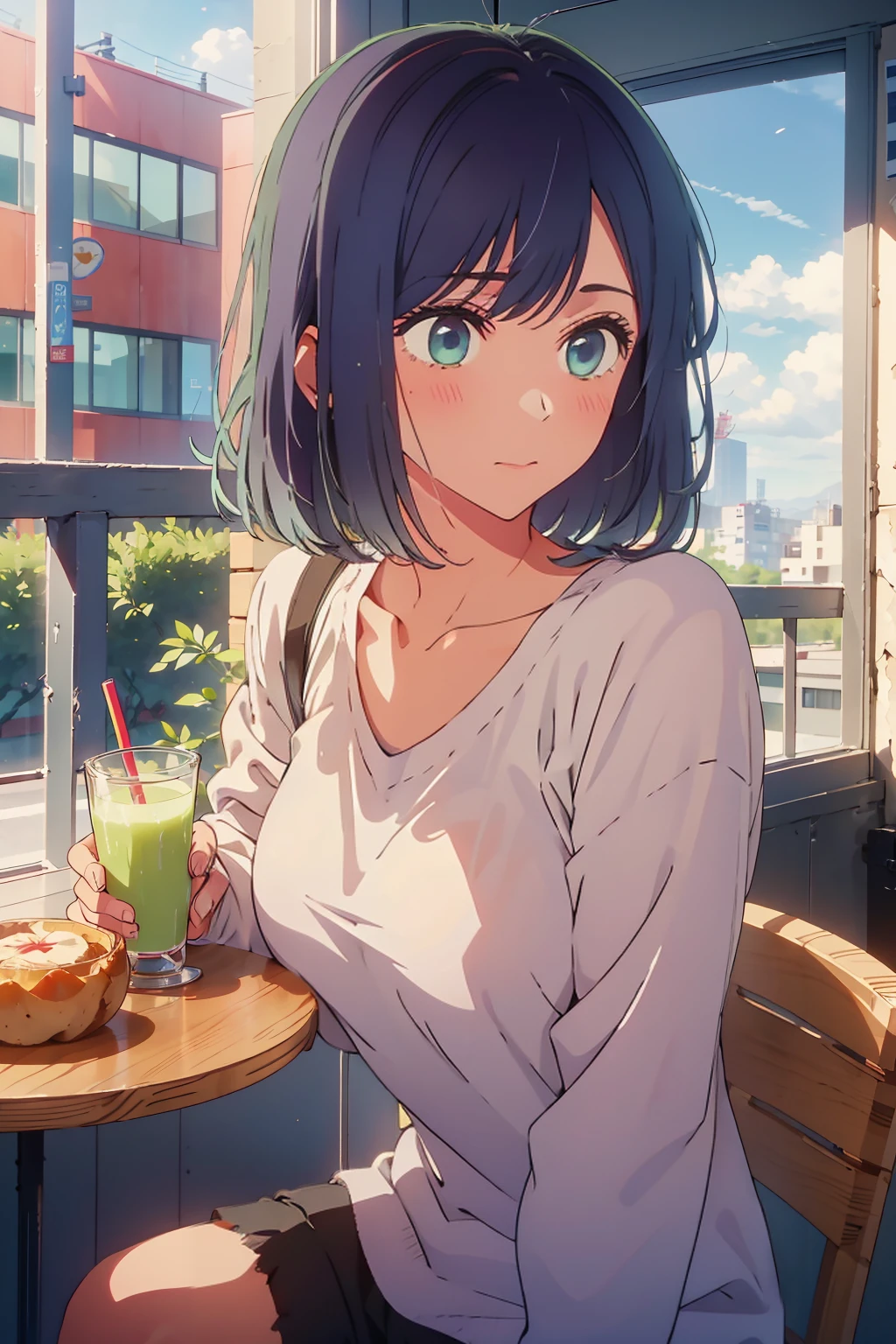 (Highest quality:1.4、8K:1.4、detailed)、F cup bust、Big Breasts、Slim body、Very white beautiful skin、((((1 person、Surprised expression、sit、Chair、In the background are the urban buildings of Tokyo、looking at the camera、Indoor cafe terrace、Navy hair color、juice、Shooting up close、table、Very cute face))))、((((nude、Areola))))、(Hands tuck hair behind ears:1.4)、(Cheek resting on hand)、Off-the-shoulder zip-up jacket