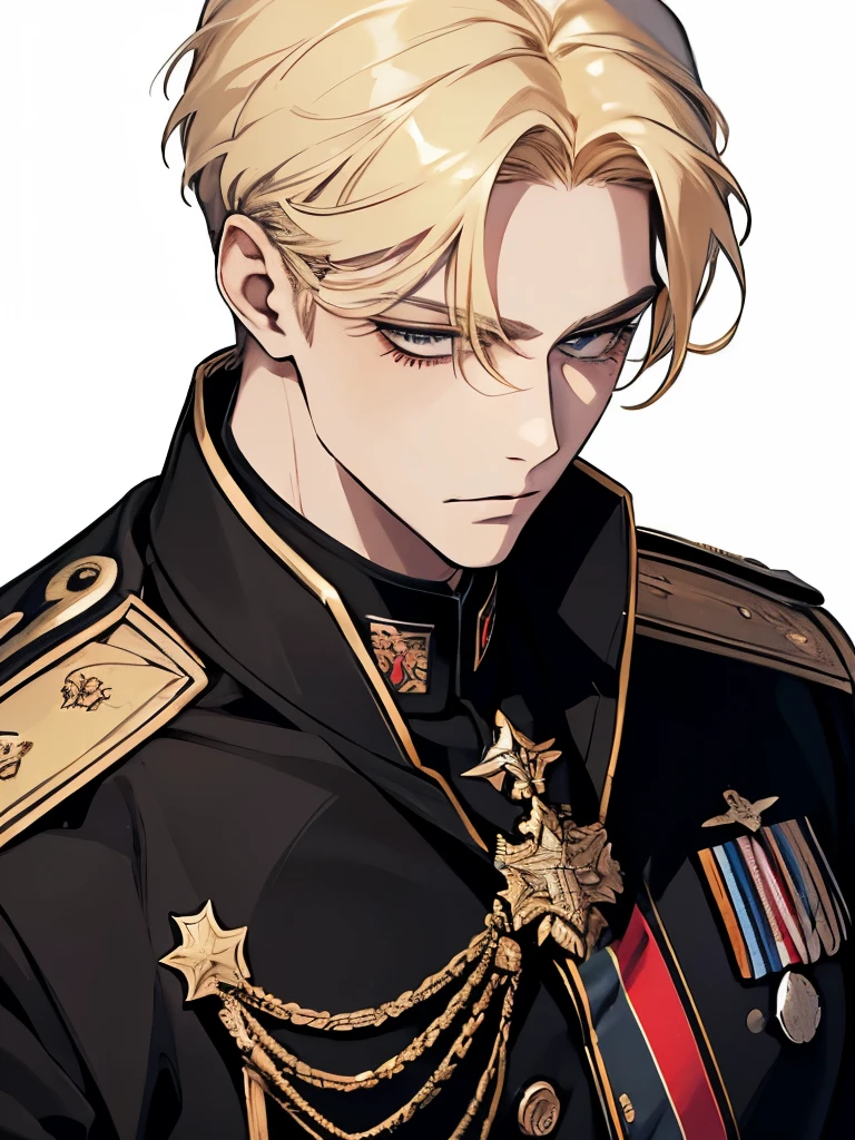 A German general, blonde with straight, short hair, black military clothing, cut scar on his mouth, cheek and neck, manhwa style