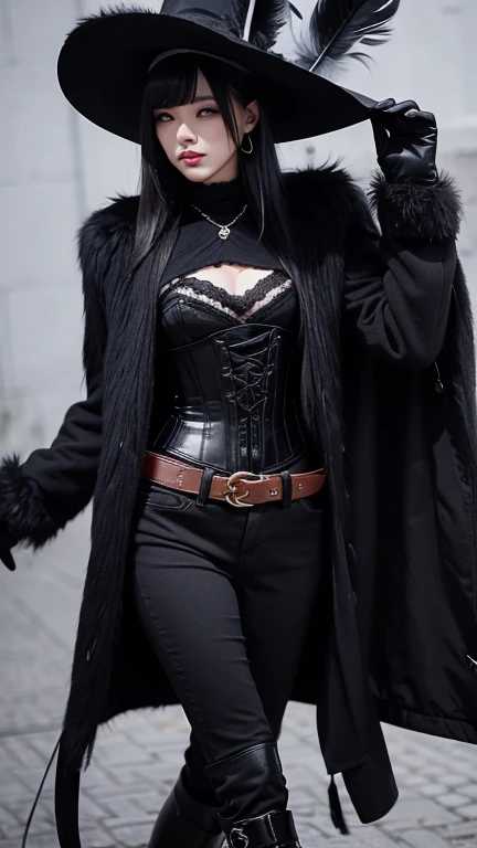 Wearing a feathered hat、Medium hair woman、Wearing a black corset、Wearing tight black pants、He wears two red belts around his waist.、Wearing long black boots、Wearing a long black coat with feathers、Wearing flashy sleeves and gloves