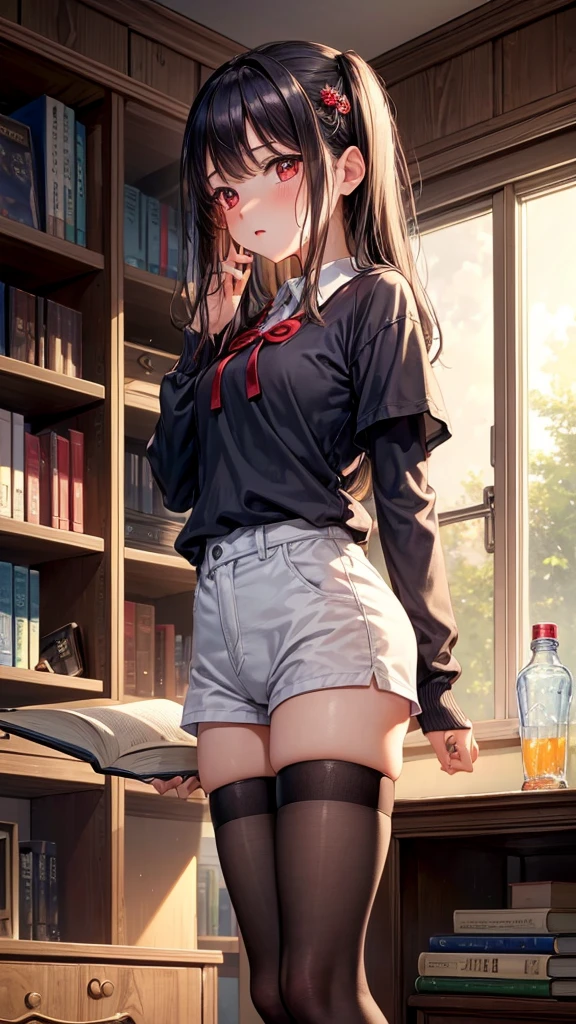 Library, expressionless , black hair, uniform, glasses, sex with a man, convulsions, wet crotch、Love juice, climax, legs shaking、Semen overflows from the pussy in I-shape balance