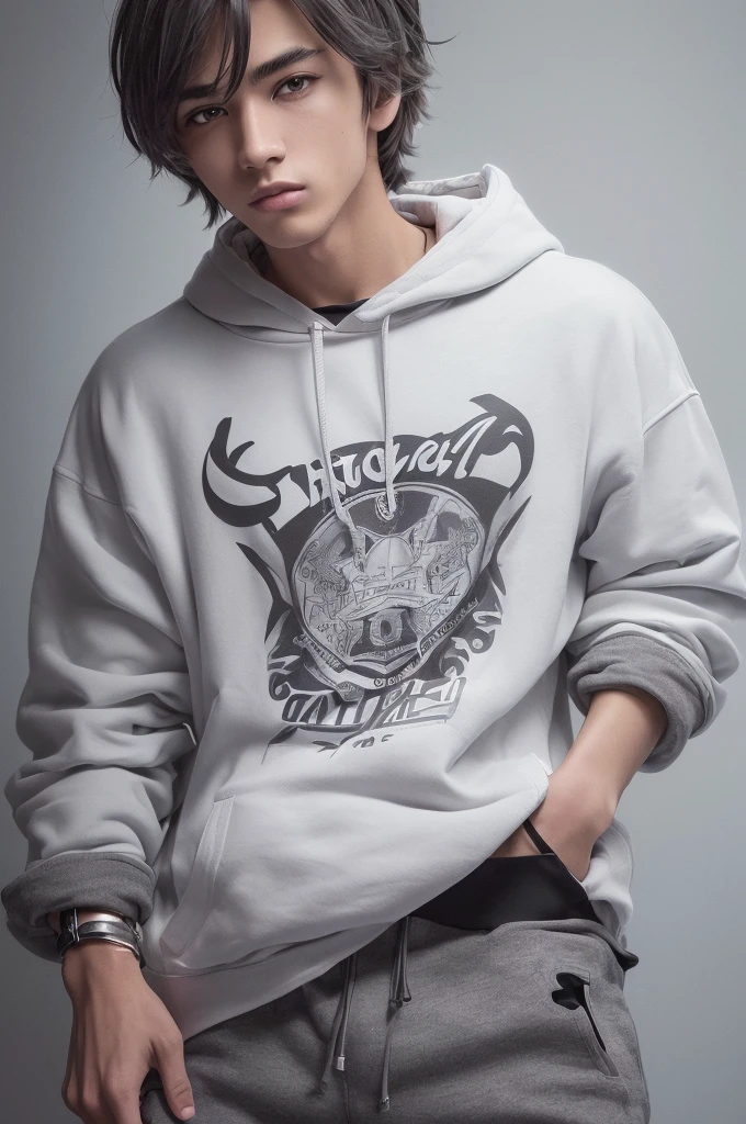 (8k high quality), (2d high quality), (high anime quality), (age handsome young boy), shining shaggy grey hair), (beautiful grey eyes), (smooth fair skin), (beautiful arched eyebrow), (silver wristwatch), (white t-shirt with different printed design), (gray-white contrast trim bomber jacket with 2 in 1 hoodie), (black hiking/combat tactical pants with white-gray lines)