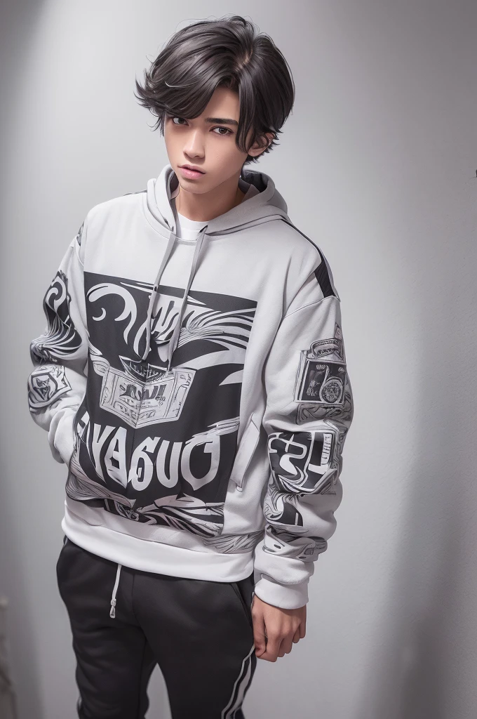(8k high quality), (2d high quality), (high anime quality), (age handsome young boy), shining shaggy grey hair), (beautiful grey eyes), (smooth fair skin), (beautiful arched eyebrow), (silver wristwatch), (white t-shirt with different printed design), (gray-white contrast trim bomber jacket with 2 in 1 hoodie), (black hiking/combat tactical pants with white-gray lines)
