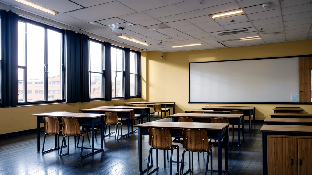 Classroom, multiple desks and Charis, spacious, chalkboard, blackboard at front of the class, teachers desk at the front of room, light wood colors, golden, no people, empty classroom, straight on POV from back of class