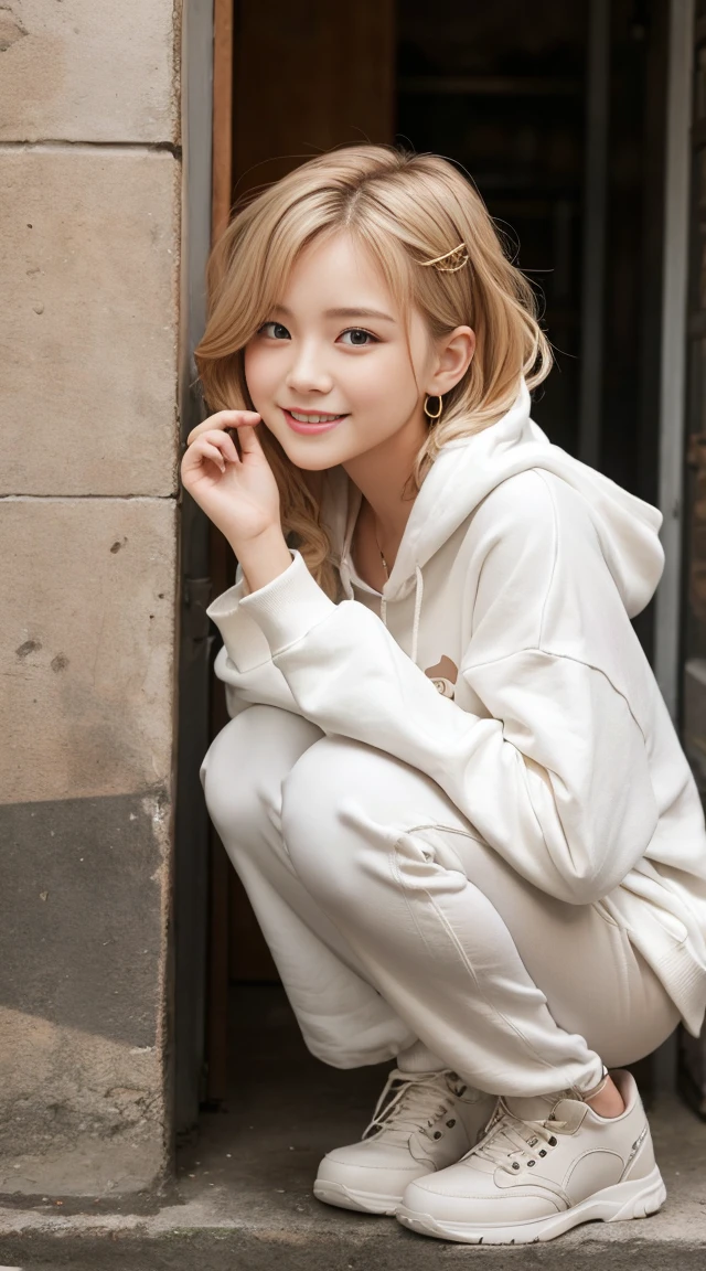 flying debris、Highest quality、An illustration、Highest quality、Understood、High resolution、8k wallpaper、Perfect dynamic composition、(((Ezvian Everywhere)))、((From below))、Beautiful and cute 20 year old girl、Beautiful face in every detail、Delicate and cute eyes、Fine skin、Red cheeks.、shy、(Semi-short hair:1.3)、(wavy blonde hair)、Small breasts、Bold sexy pose、smile、Small breasts、Between the legs、Small Ass、Thin ass、Generated on the eaves.、Narrow shoulders、wavy blonde hair、blonde、Heart-shaped earrings、smile、、Gold Bracelets、Tie your hair back、White hoodie、Deeply hooded、Loose fitting white harem pants、Baggy pants、Combat Boots、Army Boots、Standing posture showing the whole body、at the park