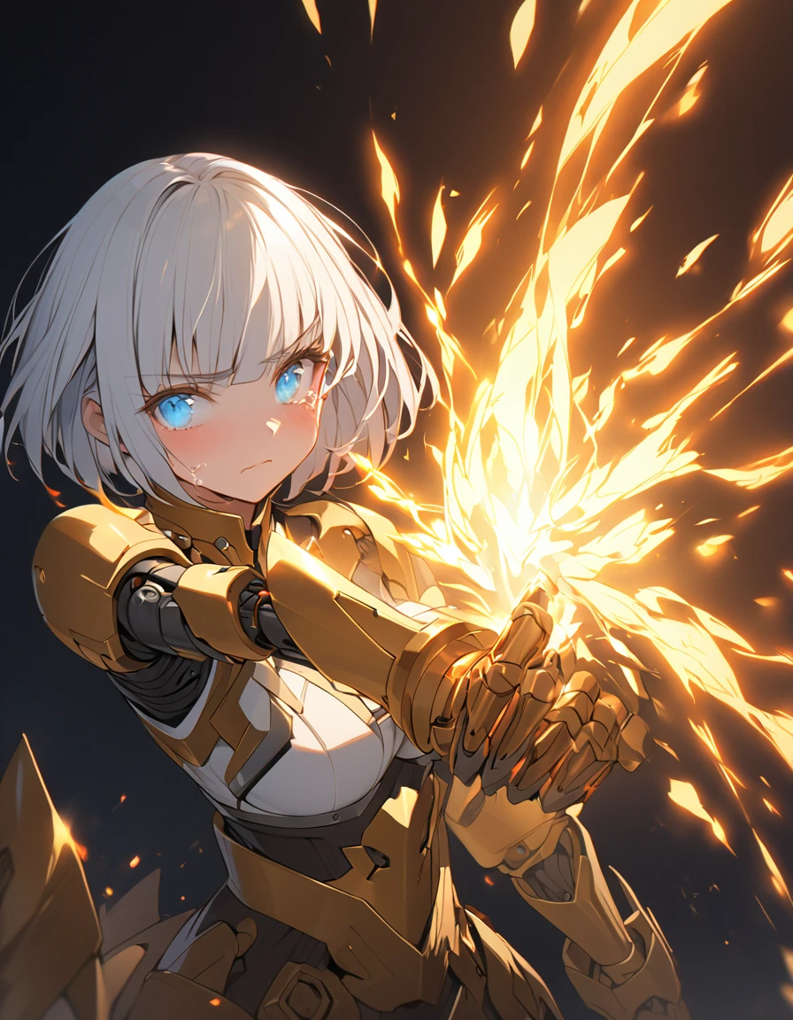 The white-haired girl cried sadly Mechanical joints 傑作 A girl fighting with golden flames (Short Bob Hair:1.4),(blue eyes)glowing flame big tits golden flame on fist Perfect Fingers