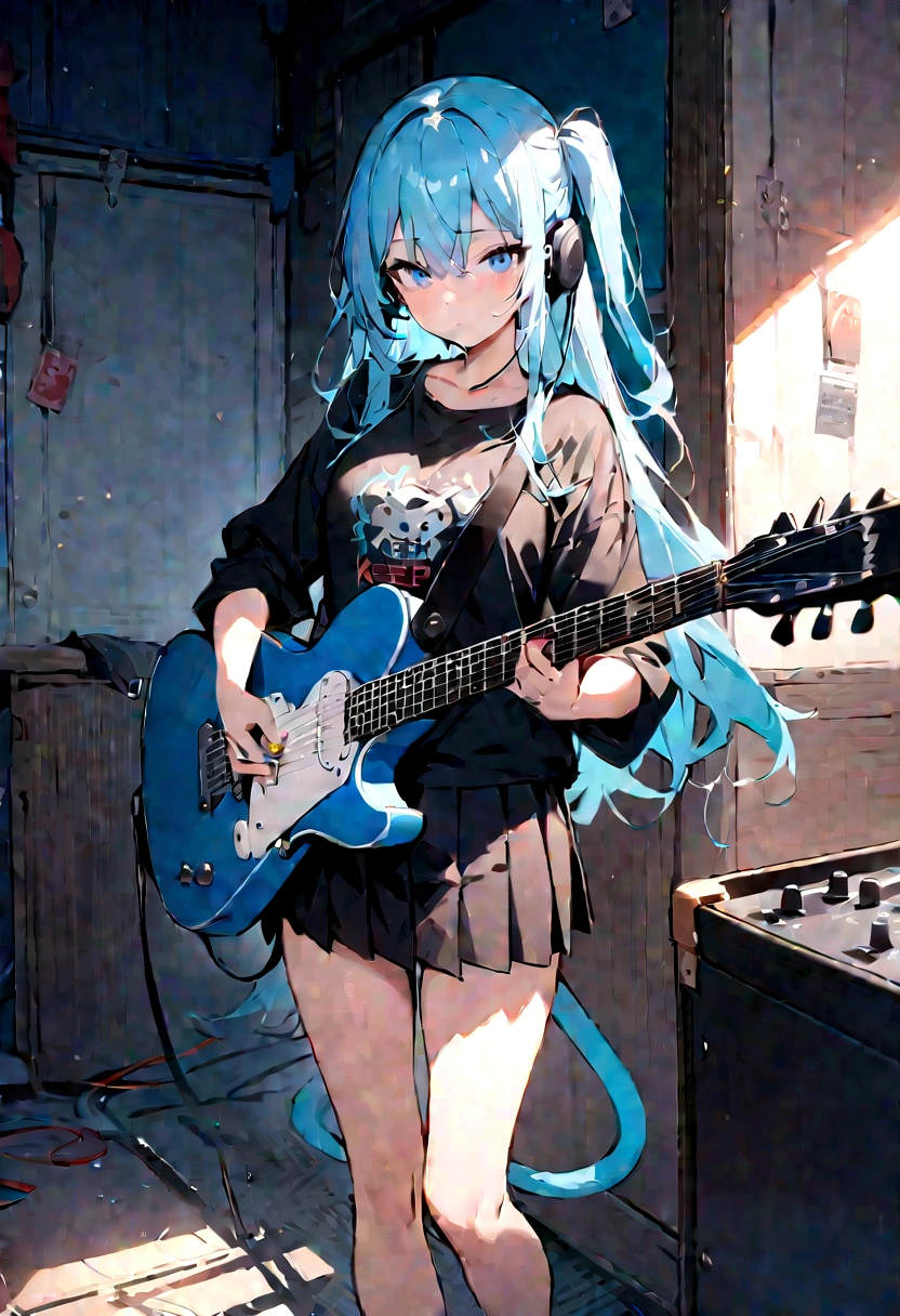 ((masterpiece, best quality))1 Girl, Solitary, Black skirt, blue eyes, electric Guitar, Guitar, earphone, Double tail, Keep, Keep plectrum, Musical Instruments, Long hair, music, one side up, Cyan hair, Double tail, 弹Guitar, Pleated Skirt, Black shirt, Internal