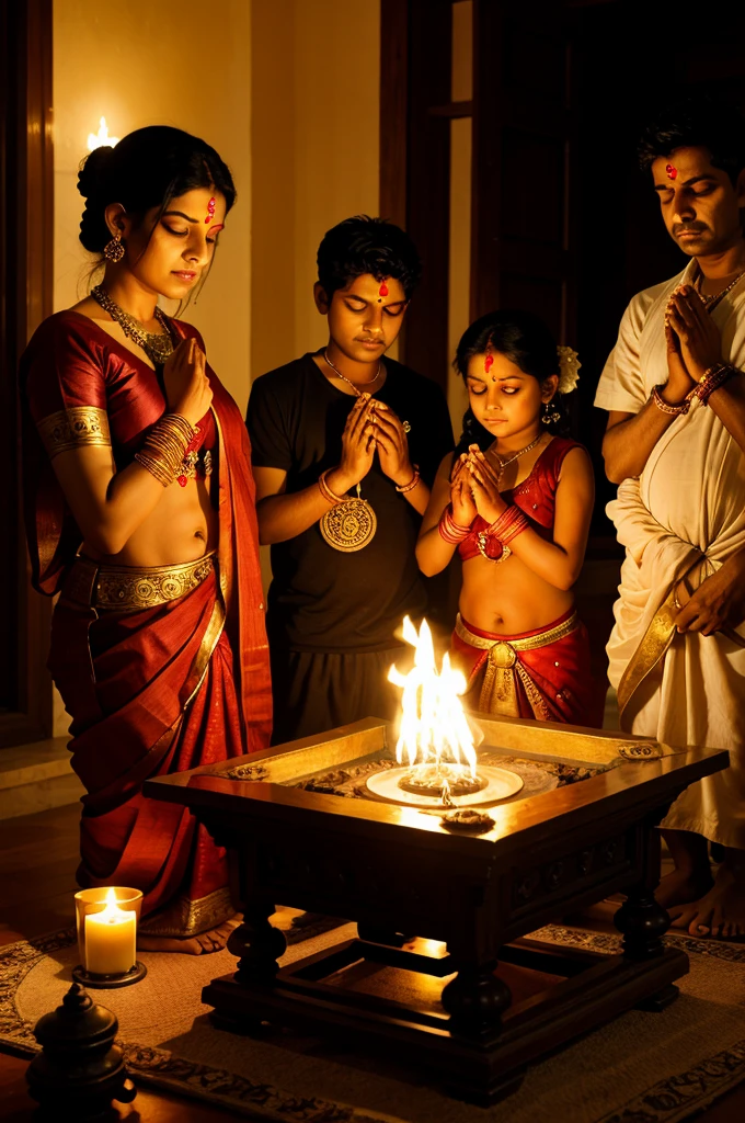 A contemplative moment in a Sri Lankan Sinhala family's home, featuring a multi-generational gathering around a traditional oil lamp during the auspicious festival of Vesak. The soft glow of the lamp illuminates the room as family members engage in prayers, reflection, and storytelling.
Modifiers: Peaceful, introspective, spiritual, warm, reverent, serene, intergenerational, traditional.
Artist or Style Inspiration: Taking inspiration from the works of Anoma Wijewardene, Laki Senanayake, and Jagath Weerasinghe.
Technical Specifications: A tender digital painting with delicate lighting and attention to detail, emphasizing the family's expressions and the cultural significance of the Vesak festival. The image should capture the quietude and solemnity of the moment while conveying a sense of familial unity