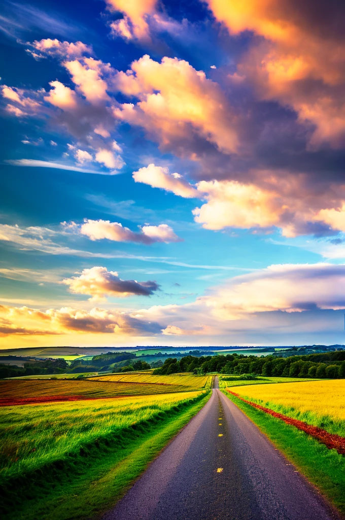 Original landscape,Sky and clouds,Tyndall effect,A country road,Colorful hot air balloon,High quality desktop wallpaper, Verdant forest, Detailed field properties, Beautiful English countryside, Stunning scenery, Rolling Hills, Landscape Wallpaper, Lush countryside, Green forests, Stunning scenery, Green fields in the background, High quality wallpaper, Beautiful wallpapers,Ultra high quality,Ultra HD,Ultra-high resolution