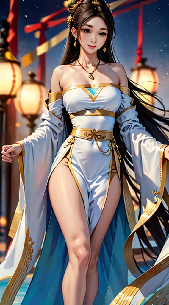 gufeng,bare shoulders, ((whole body)), ((from below)), ((gufeng,bare shoulders)), clear face, pretty face, 8K, masterpiece, original photo, best quality, detail:1.2,lifelike, detail, Very detailed, CG, Unite, wallpaper, depth of field, movie light, lens flare, Ray tracing, (extremely beautiful face, beautiful lips, beautiful eyes), complex, detail face, ((ultra detailed skin)), 1 girl, in the darkness, deep shadow, beautiful korean girl, kpop idol,(Very slim figure:1.3), plump breasts, Slender sexy legs, elegant posture, (bright smile), (City night, (neon lights), (night), beautiful korean girl, white diamond earrings, diameter bracelet, Dia Necklace, clear eyes, facing forward, (big eyes)