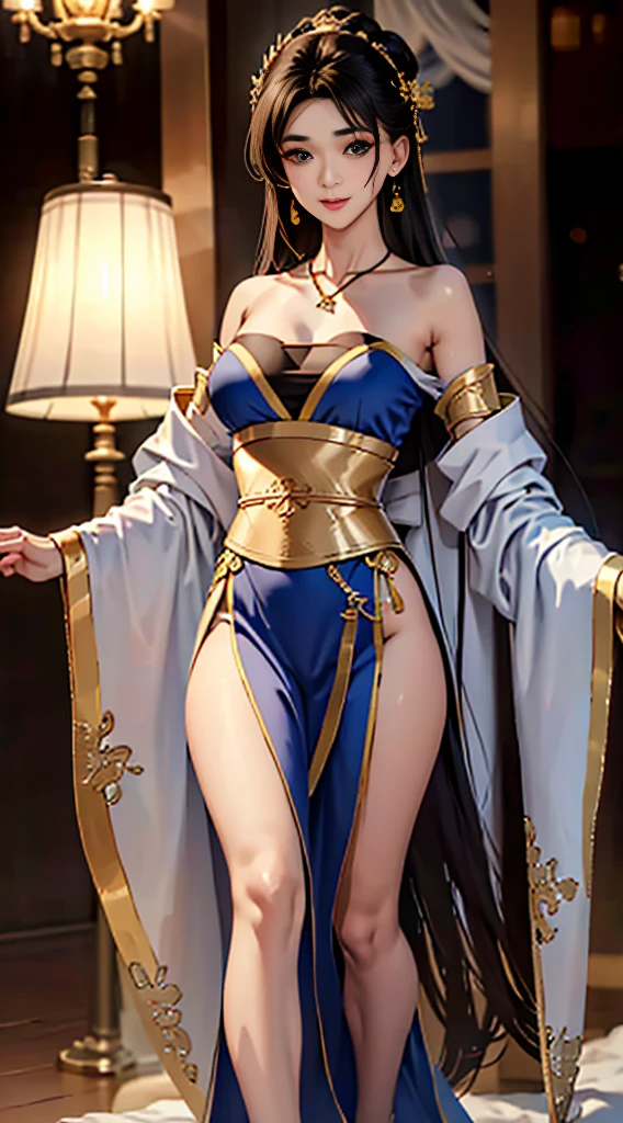 gufeng,bare shoulders, ((whole body)), ((from below)), ((gufeng,bare shoulders)), clear face, pretty face, 8K, masterpiece, original photo, best quality, detail:1.2,lifelike, detail, Very detailed, CG, Unite, wallpaper, depth of field, movie light, lens flare, Ray tracing, (extremely beautiful face, beautiful lips, beautiful eyes), complex, detail face, ((ultra detailed skin)), 1 girl, in the darkness, deep shadow, beautiful korean girl, kpop idol,(Very slim figure:1.3), plump breasts, Slender sexy legs, elegant posture, (bright smile), (City night, (neon lights), (night), beautiful korean girl, white diamond earrings, diameter bracelet, Dia Necklace, clear eyes, facing forward, (big eyes)