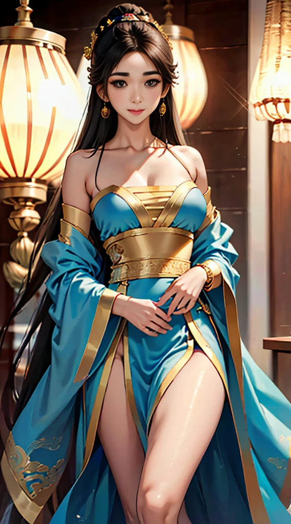 gufeng,bare shoulders, ((whole body)), ((from below)), ((gufeng,bare shoulders)), clear face, pretty face, 8K, masterpiece, original photo, best quality, detail:1.2,lifelike, detail, Very detailed, CG, Unite, wallpaper, depth of field, movie light, lens flare, Ray tracing, (extremely beautiful face, beautiful lips, beautiful eyes), complex, detail face, ((ultra detailed skin)), 1 girl, in the darkness, deep shadow, beautiful korean girl, kpop idol,(Very slim figure:1.3), plump breasts, Slender sexy legs, elegant posture, (bright smile), (City night, (neon lights), (night), beautiful korean girl, white diamond earrings, diameter bracelet, Dia Necklace, clear eyes, facing forward, (big eyes)