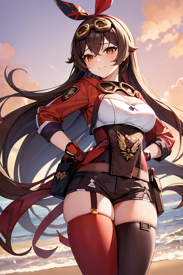 (masterpiece, best quality:1.2),1girl,beautiful purple sunset at beach,(feet:1.1),dynamic angle,from side,looking down,contraposto,standing on one leg,knee up,naughty smile,sleepy eyes,teeth,long_hair,breasts,smile,bangs,brown_hair,thighhighs,gloves,long_sleeves,ribbon,cleavage,hair_between_eyes,medium_breasts,jacket,hair_ribbon,thighs,shorts,belt,red_ribbon,orange_eyes,short_shorts,goggles,red_jacket,red_gloves,goggles_on_head,pouch,crossed_bangs,shrug_(clothing),red_thighhighs,brown_shorts,