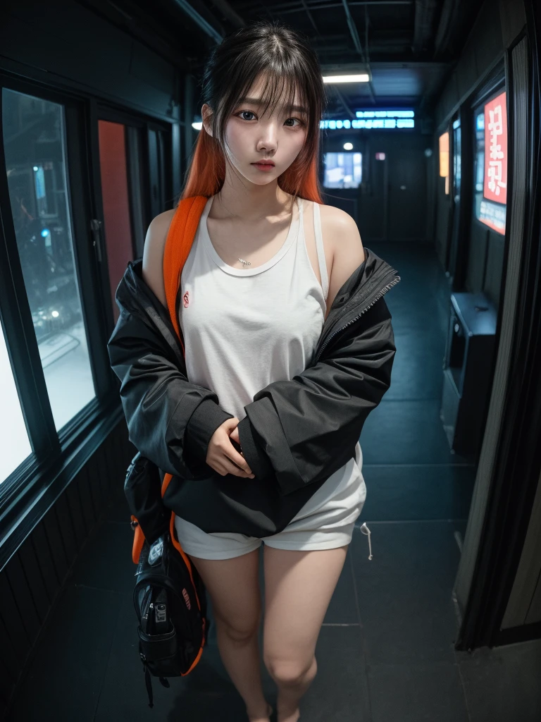 8K, RAW Photos, top-quality, masterpiece: 1.2),fish-eye lens、(((Wide View)))、Inside the station、Station platform、fish-eye lens、look at a camera、Cool pose、Hair disheveled in the wind、fully body photo、Red or orange neon、Cyberpunk movies、Raw photo of beautiful Korean 20 year old woman、Half Face、deep in the night、darkened room、hightquality、More skin、Lustrous skin、clearface、cinema shot、nffsw、foco nítido
