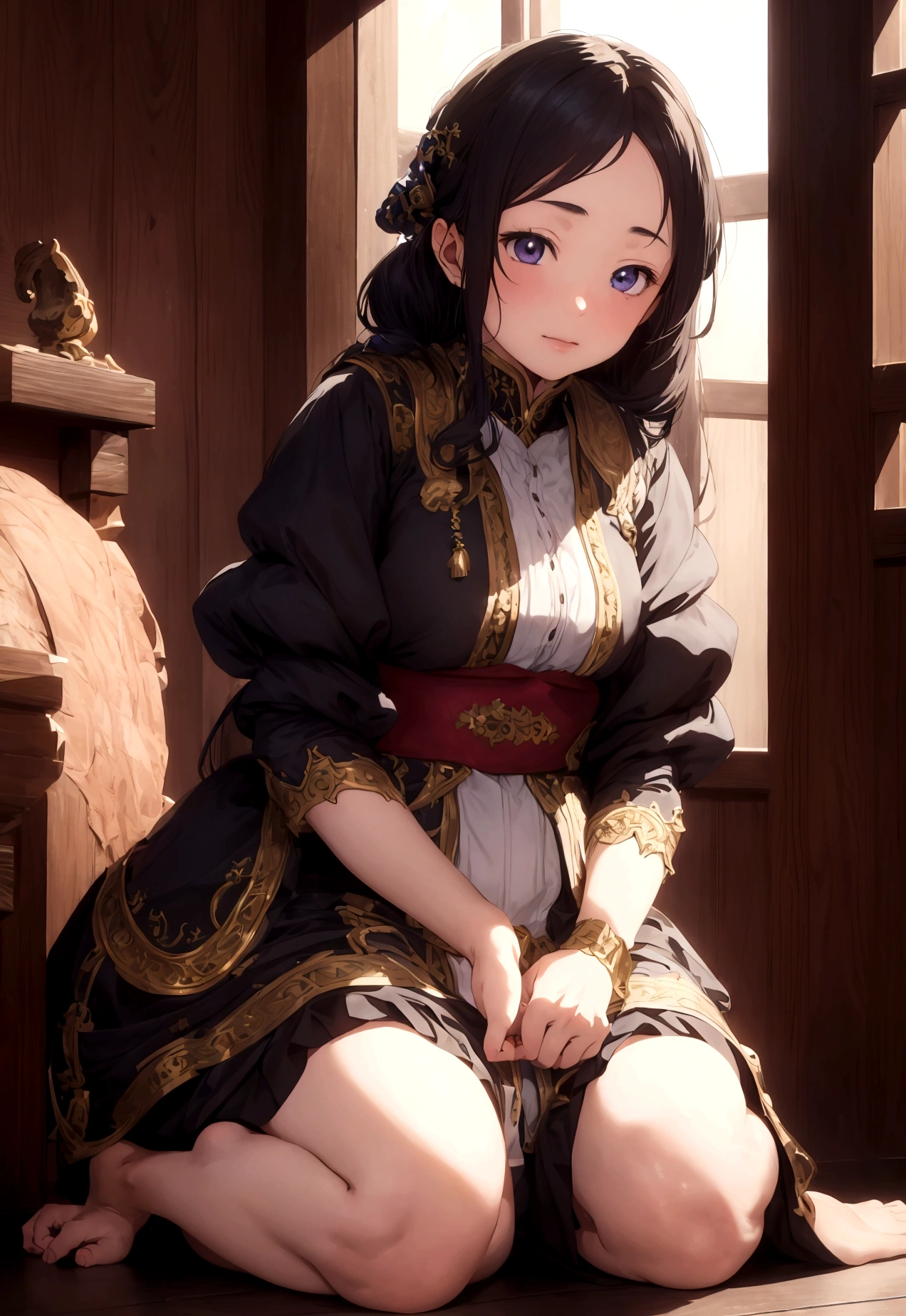 eautiful eighteen years, old, sitting on the floor in traditional 16th century outfit with an Inn background, Miki Asai Macro photography, close-up, hyper detailed, trending on artstation, sharp focus, studio photo, intricate details, highly detailed, by greg rutkowski High Quality