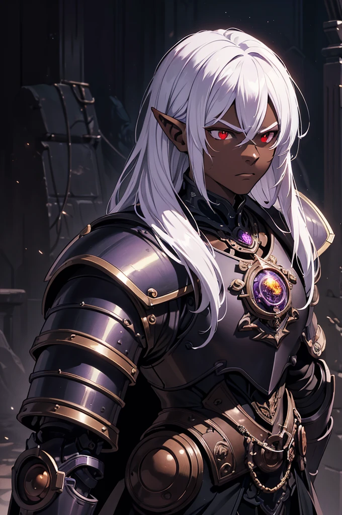 masterpiece, best quality, ultra high res, dark theme, 1boy, (dungeonpunk armor), (mechanical steampunk armor), (wearing armor), fantasy illustration, dark skinned, human, upper body, portrait, red eyes, long white hair, half-drow, pointy ears, serious face, young man, dramatic lighting, purple hue, art by Kinema Citrus