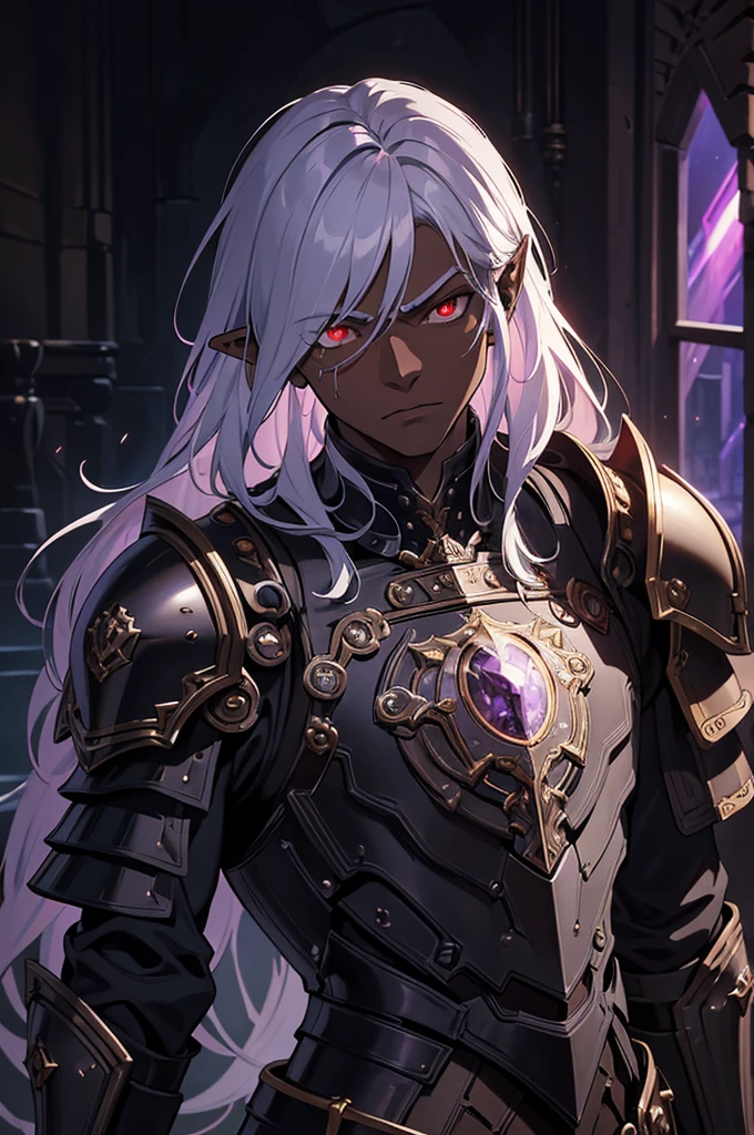 masterpiece, best quality, ultra high res, dark theme, 1boy, (dungeonpunk armor), (mechanical steampunk armor), (wearing armor), fantasy illustration, dark skinned, human, upper body, portrait, red eyes, long white hair, half-drow, pointy ears, serious face, young man, dramatic lighting, purple hue, art by Kinema Citrus