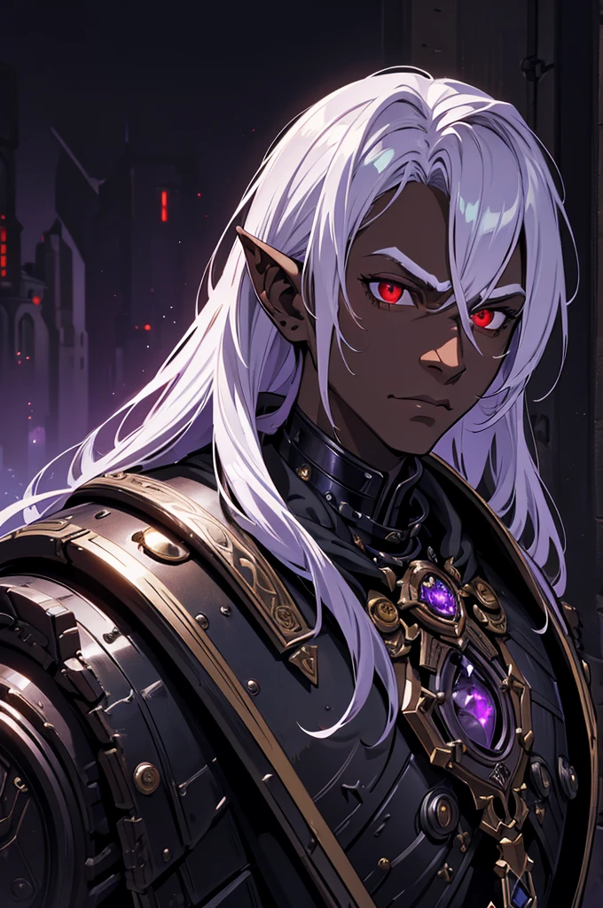 masterpiece, best quality, ultra high res, dark theme, 1boy, (dungeonpunk armor), (mechanical steampunk armor), (wearing armor), fantasy illustration, dark skinned, human, upper body, portrait, red eyes, long white hair, half-drow, pointy ears, serious face, young man, dramatic lighting, purple hue, art by Kinema Citrus