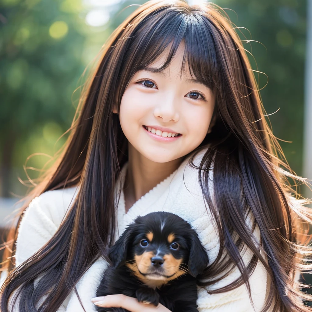 Create an anime-style portrait of a Japanese girl。Her hair is dark brown、Let it flow naturally。The girl has a gentle smile。She looks loving、Holding a cute puppy、It&#39;s a scene that evokes warmth and camaraderie.。Background、It should be a blend of warm and cool colors that complement the overall composition.。She is wearing a blue dress with intricate detailing.、Gives an elegant impression。The overall atmosphere of the piece is bright and attractive.、Capture the girl&#39;s kind and friendly personality。