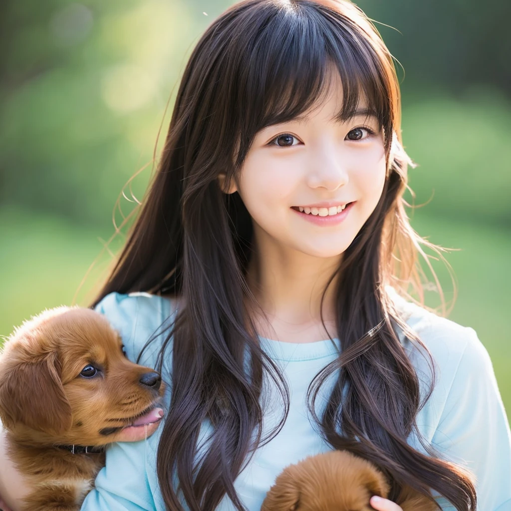 Create an anime-style portrait of a Japanese girl。Her hair is dark brown、Let it flow naturally。The girl has a gentle smile。She looks loving、Holding a cute puppy、It's a scene that evokes warmth and camaraderie.。Background、It should be a blend of warm and cool colors that complement the overall composition.。She is wearing a blue dress with intricate detailing.、Gives an elegant impression。The overall atmosphere of the piece is bright and attractive.、Capture the girl's kind and friendly personality。