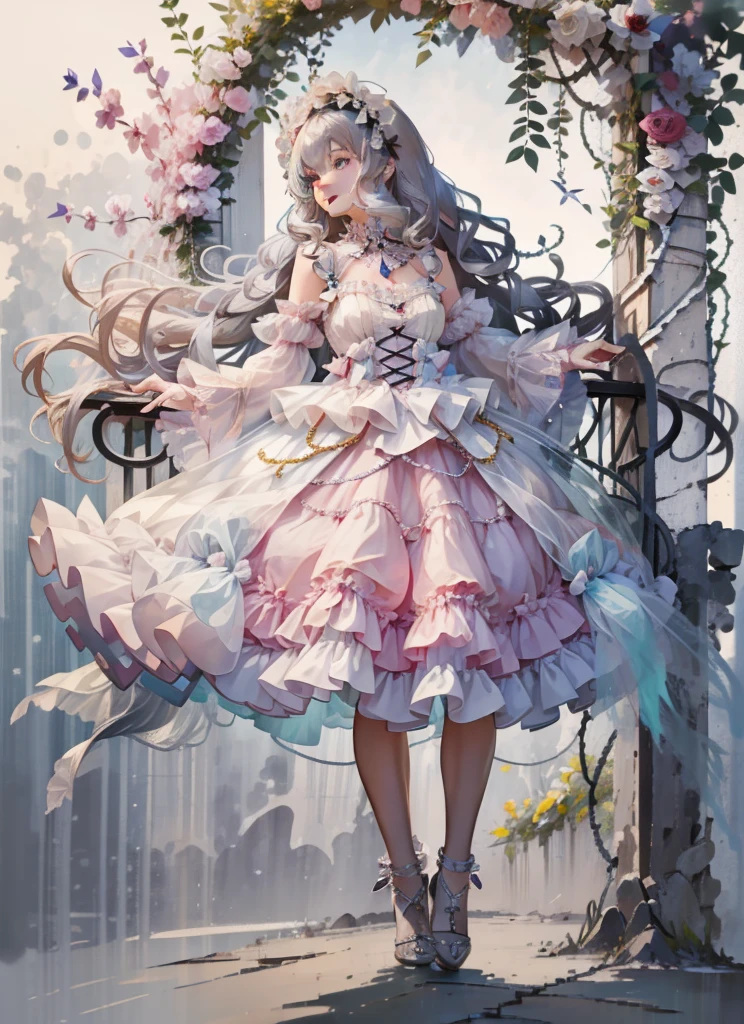 (Extremely delicate and beautiful:1.5),A Russian girl in her early 20s with ash grey hair, standing on your feet, solo, full body,Sweet face,Light smile,By bangs, Gemstone eyes, Contre-Jour,Long curly hair, Gothic-lolita dress, Keep one's mouth shut, seen from the side, lanterns, light particules, longer sleeves, looking at viewert,pink bows, The background is filled with seven colors, The face is dense((must)), Masterpiece