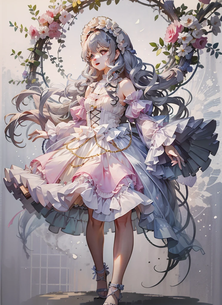 (Extremely delicate and beautiful:1.5),A Russian girl in her early 20s with ash grey hair, standing on your feet, solo, full body，Sweet face，Light smile，By bangs, Gemstone eyes, Contre-Jour，Long curly hair, Gothic-lolita dress, Keep one's mouth shut, seen from the side, lanterns, light particules, longer sleeves, looking at viewert，pink bows, The background is filled with seven colors, The face is dense((must)), Masterpiece