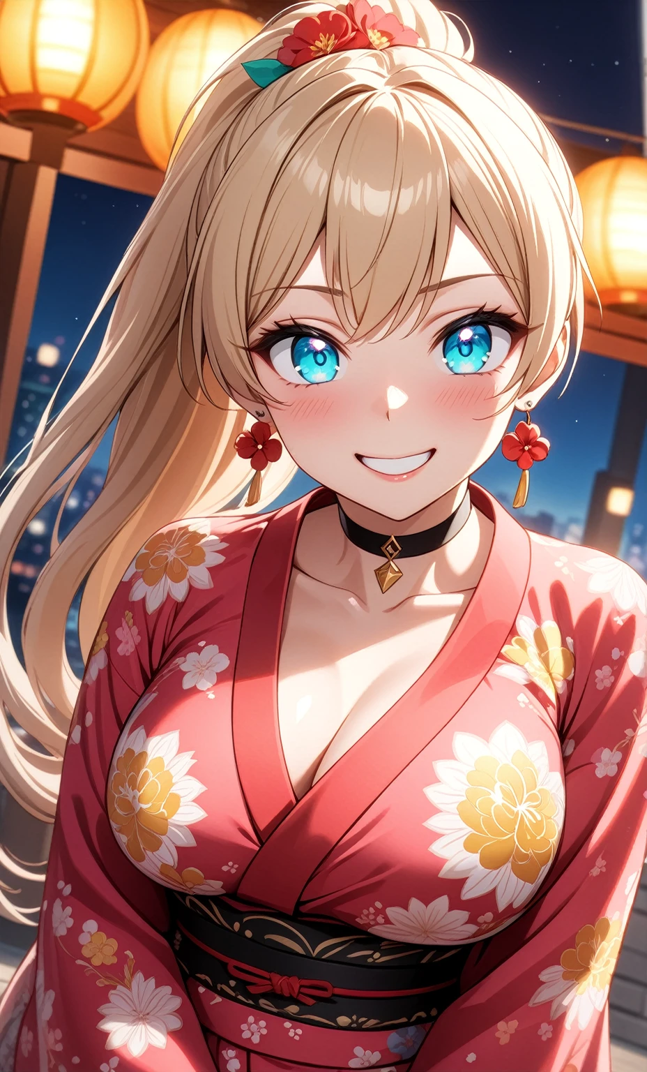 ((One personの女性)), Beautiful Face, ((seductive grin smug)),((Wink:1.6)), head tilt, Laugh with your mouth wide open,((Bright red cheeks:1.4)),Shiny red lips,night,rooftop,You can see the ocean, firework,Laughing with your mouth open,Glossy pink lips,Facial lighting,((Anime style background)),masterpiece, Highest quality, so beautiful,up to date, Complex details, (Pink long nails),(ring),(bracelet),(choker),AI-generated, Complex,High resolution, Highest quality, super high quality,3D Images、3D Images,One person,Long blonde hair,High Ponytail,(turquoise blue eyes),Anime woman posing for a photo, ((Fine grain、Colorful eyes、Shining Eyes:1.3)),(Squint your eyes:1.1),a hyperRealistic , hyperRealistic , Realistic,Anime woman with long white hair, Smooth anime CG art, A woman in a colorful kimono with gold embroidery, (Pink long sleeve kimono),Red floral pattern,Long flower hair ornament,Earrings,Mature Body,(Big Breasts:1.1),Tall,Abdominal muscles,Tight waist,(Zoom up to face:1.4),(dutch angle),(front view),