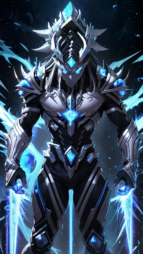 naughty man;
masculine;
brawny;
Platinum colored hair;
long and spiky hair;
bluish gray skin (avatar type);
Plasma veins;
Black colored eyes;
Cao Cao;
space background;
Kaiju humanoid