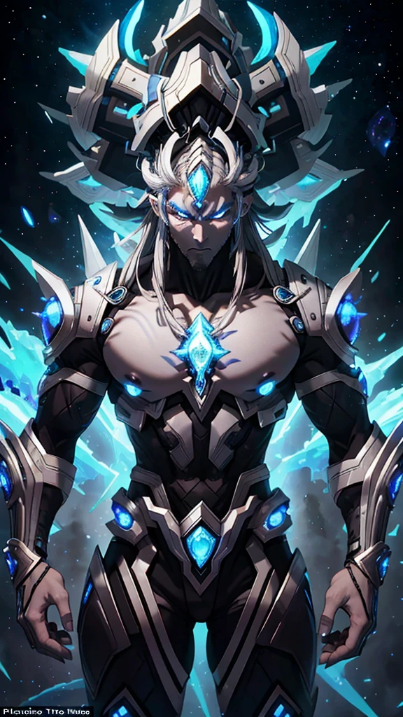 naughty man;
masculine;
brawny;
Platinum colored hair;
long and spiky hair;
bluish gray skin (avatar type);
Plasma veins;
Black colored eyes;
Cao Cao;
space background;
Kaiju humanoid